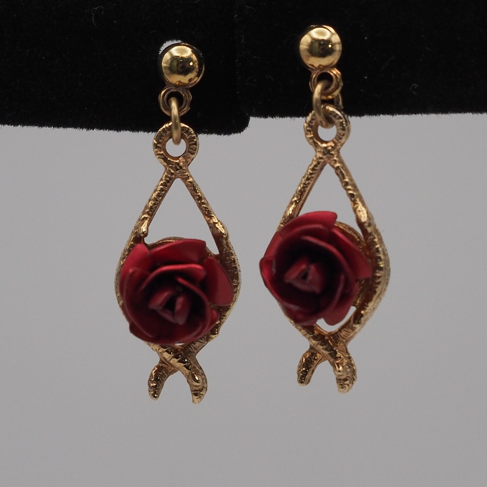 Vintage Rosette Earrings Satin Red Rose Gold Tone Floral Dangle Textured Pierced